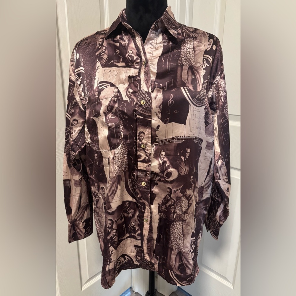 Justin Boots Vintage Jazz Musician Print Tribute Button Up Blouse